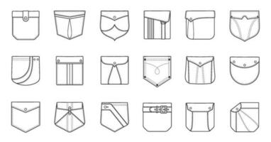 Outline patch pockets for shirts, cargo pants and denim jackets. Flap pocket sewing patterns in different shapes, fabric patches vector set