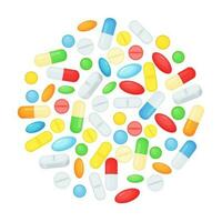 Cartoon pills in circle shape, medical capsules and tablets. Vitamins and antibiotics, different medications, healthcare vector background