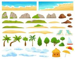 Beach landscape elements, ocean coast, palm trees, mountains. Cartoon tropical island scene constructor with sandy beach, clouds vector set