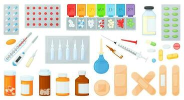 Cartoon pills in bottles or jars, medical drugs, medicines. Vitamin tablets, capsules in blister, plaster, first aid kit supplies vector set