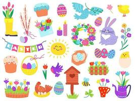 linda Pascua de Resurrección elementos, mano dibujado primavera temporada garabatos pintado huevos en cesta, conejito, flores, aves, primavera fiesta garabatear vector conjunto