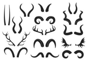 Animal horns silhouettes, antelope, ram, goat, buffalo horn. Deer antlers, hunting trophy, wild animals horn and antler silhouette vector set