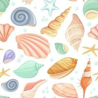 Cartoon seashell and starfish seamless pattern, tropical ocean. Clam, oyster shells, marine mollusk, summer beach seashells vector texture