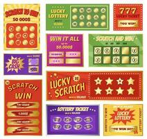 Scratch cards, instant lottery card, lucky jackpot winner tickets. Lotto and bingo game winning ticket, scratchcard games vector set