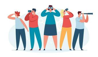 Characters searching for new ideas, business team looking into future. People look through binoculars, search for candidates vector concept
