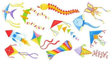 Cartoon flying kites in various shapes, colorful kids wind toys. Butterfly, diamond kite for festival, outdoor summer activity vector set