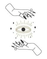 Mystic esoteric Boho poster with witch hands and all-seeing eye. Spiritual witchcraft arms with rings holding eye symbol vector