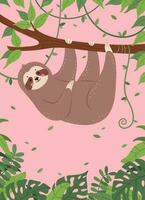 Cartoon sloth card, happy sloths sleeping or hanging from tree. Cute posters with sleepy lazy animal characters and funny phrases vector set