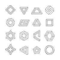 Impossible figures. Abstract geometric linear shapes, infinite optical illusion objects, 3D cube triangle and hexagonal twisted graphic elements. Vector isolated set