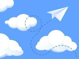 Paper plane in clouds. Flat background with folded origami airplane flying over cartoon clouds. Vector business presentation mockup, creativity concept