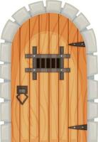 Cartoon medieval castle entrance gates and dungeon door. Old wooden doors with stone surround, ancient castles doorway or gate vector set