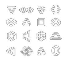 Infinite figures. Abstract impossible geometry graphic design, linear twisted prospective optical illusion. Vector 3D cube triangle and hexagonal shapes collection