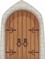 Cartoon medieval castle entrance gates and dungeon door. Old wooden doors with stone surround, ancient castles doorway or gate vector set