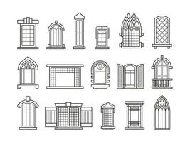 Line vintage windows. Decorative architectural outline drawing with arches and frames, outdoor faced silhouette elements. Vector retro window set