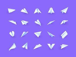 Handmade plane. Flat paper plane of various shapes, folded origami airplane shapes, symbol of message delivery and flight of imagination. Vector set