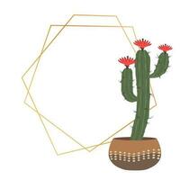 Cactus and gold geometric frame in scandi style. Polygon border for invitation or greeting card with spiky and blooming plant vector