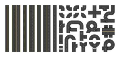 Highway constructor. Top view of city road segments with marking, crossroad junctions intersections and circles, aerial view of asphalt street from above. Vector set