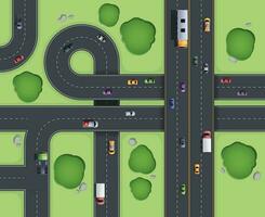 Highway junction top view. Road intersection with turnings and circle and overpasses, aerial view of city traffic lines. Vector cartoon illustration