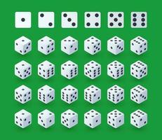 Game dice. Cartoon white playing cubes turn different faces, black dots on white planes, casino and gambling graphic asset of rolling dice. Vector isolated set