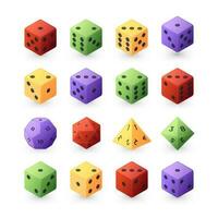 Board game dice. Role playing different sided game dice collection, family gaming and casino gambling pieces of various shapes. Vector polyhedral dices isolated set