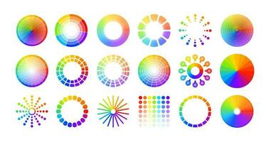 Color wheel circles. Mix of concentric round shapes with bright colors, abstract isolated set of colorwheel elements, spectrum charts with vivid palette. Vector illustration