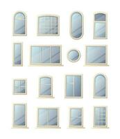 Cartoon windows. Modern home and office interior elements, round and square exterior facade architectural objects with frames. Vector isolated set