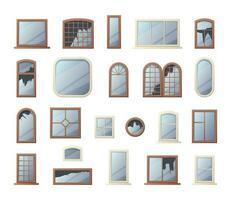 Broken windows. Shuttered glass in wooden and plastic frames, cracked home interior elements. Vector vandalism concept illustration