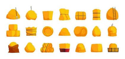 Cartoon hay bales. Rural straw stack rolls flat style, dried yellow haystack pile farm field fodder bundle. Vector agriculture set
