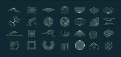 Abstract grid set. Futuristic geometric pack of perspective tunnels portals gravity construction, retrofuturistic punk 3D wireframe elements. Vector collection