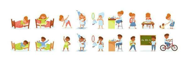 Kids daily routine. Girl and boy having different activities. Children waking up, doing physical exercising, having shower vector