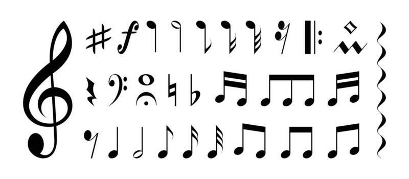 Music notes. Musical song melody tune clef icons, symphony sound tone stave sheet design flat simple style. Vector isolated collection