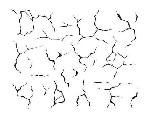 Wall cracks. Earthquake ground split, destruction damage smash crushed landscape surface texture isolated on transparent background. Vector set