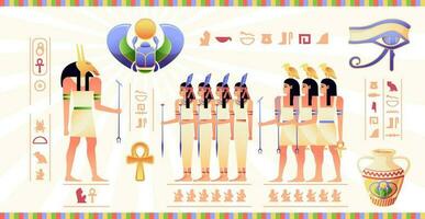 Egyptian fresco. Ancient Egypt mural with hieroglyphs and mythology scenes cartoon pharaoh Isis Anubis Osiris characters. Vector illustration