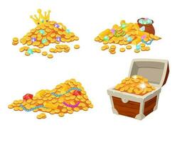 Golden coins heap cartoon. Wooden pirate chest with jewelry and money. Gold treasure, sack with gemstones vector