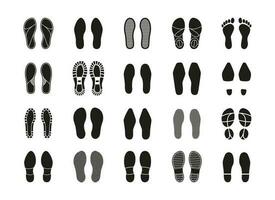 Human footprints. Human step silhouettes, barefoot sneaker boots sole baby footsteps women shoes print trail. Vector isolated collection
