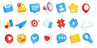 3d social media icons. Envelope with email message, bell for notification, megaphone, speech bubbles vector