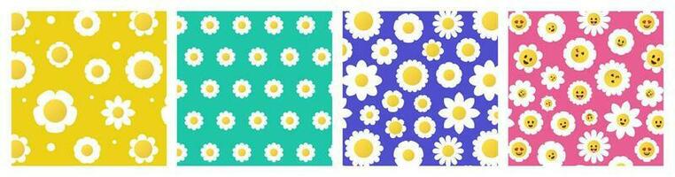 Daisy pattern. Seamless print of colorful chamomile flowers, abstract botanical floral vintage simple background for wrapping paper fabric. Vector texture set