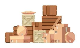Stacked wooden boxes. Pile storage of sealed cardboard containers and crates cartoon style, logistic transportation service concept. Vector illustration