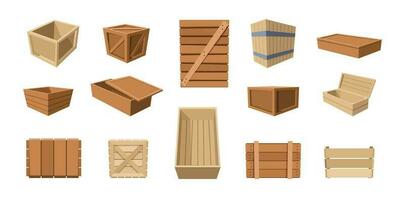 Wooden boxes. Packed empty shipping drawers and crates, cargo warehouse pallets for fruit vegetable delivery transportation. Vector isolated set