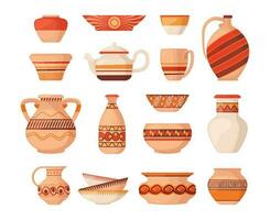 Ceramic pots. Ancient clay pottery objects with decorative textures, antique vintage jug bowl urn vase pitcher clayware assortment. Vector isolated set