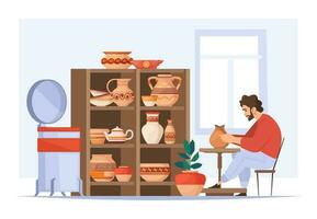 Pottery workshop. Ceramic workplace with kiln pottery wheel shelves clay utensil, cartoon characters making handmade clay crockery. Vector illustration