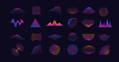 Neon grid collection. Retro cyberpunk glitch elements, abstract futuristic geometric shapes for virtual reality game design. Vector set