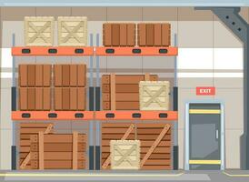 Warehouse with boxes. Storehouse interior with wooden crates pallets containers for shipment, logistic delivery service concept cartoon style. Vector set