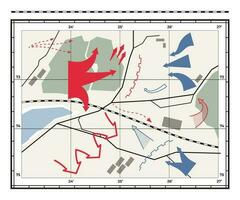 guerra mapa. geografía luchando defensa plan con navegación flecha iconos, reconocimiento ataque punteros cartografía topografía concepto. vector ilustración