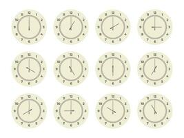 Clock hours set. Round watch faces with arabic roman numbers, twelve dial elements analog displays showing different time. Vector isolated collection