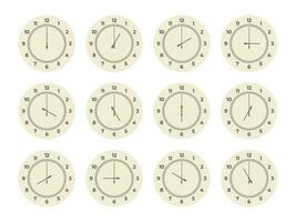 Clock hours set. Round watch faces with arabic roman numbers, twelve dial elements analog displays showing different time. Vector isolated collection