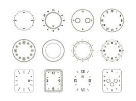 Analog clock face. Watch dial with time numbers chronometer stopwatch, elegant vintage circles mechanical wristwatch elements. Vector isolated set