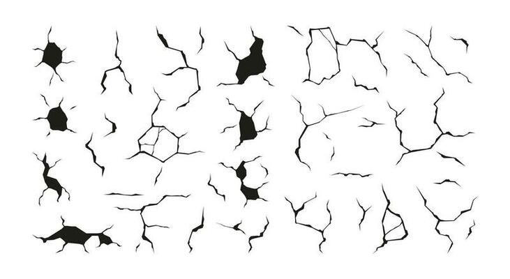 Cracks and holes. Wall surface damage ground collapse earthquake geology destruction ruined texture failure crash split hollow effect. Vector isolated set
