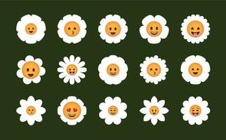 Cartoon daisy flower. Funny comic chamomile icons with cute smiling faces, groovy cheerful floral characters modern sticker design. Vector colorful set