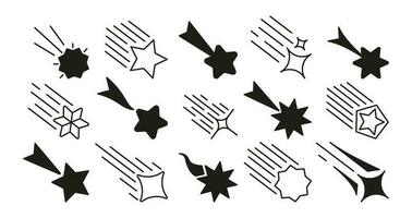 Shooting star icons. Abstract falling symbols with sparkle trail, set of comet meteorite silhouettes different shapes simple design. Vector isolated collection